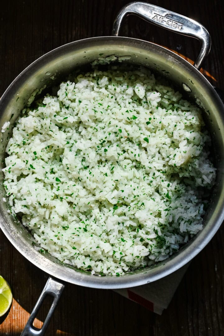 Overhead view of cilantro rice in a pot.