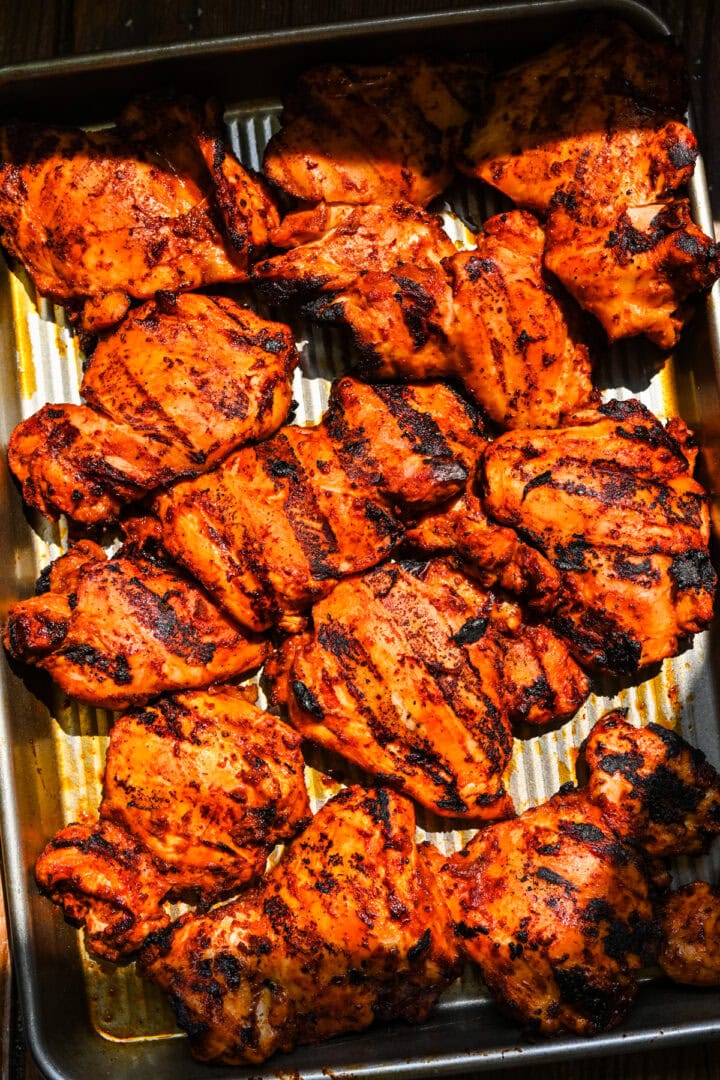 Overhead view of chicken thighs.