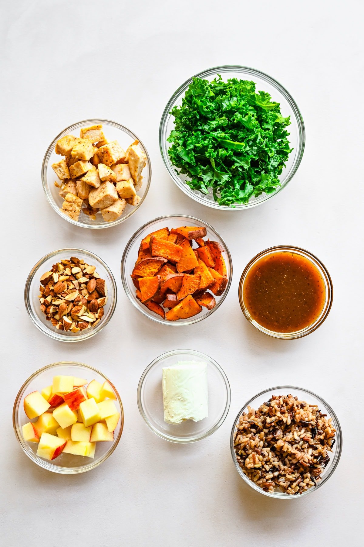 Overhead view of harvest bowl ingredients.