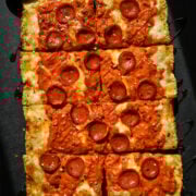 Overhead view of detroit style pizza.