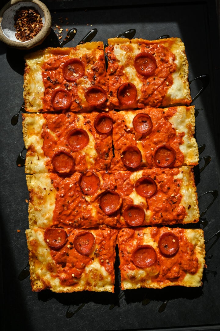 Overhead view of detroit style pizza.