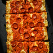 Overhead view of detroit style pizza.