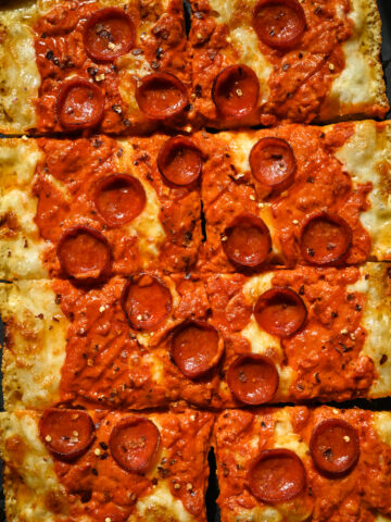 Overhead view of detroit style pizza.