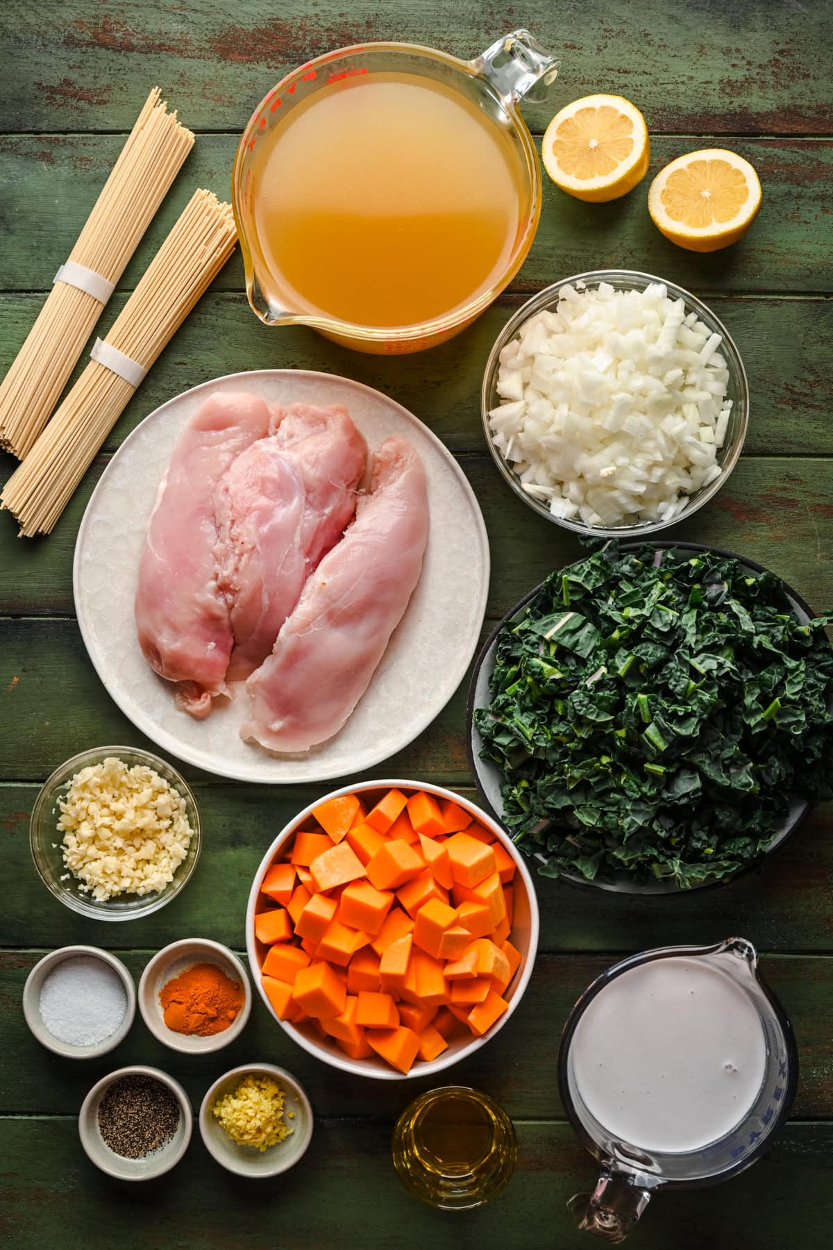 Overhead view of soup ingredients, including chicken, noodles, and broth.