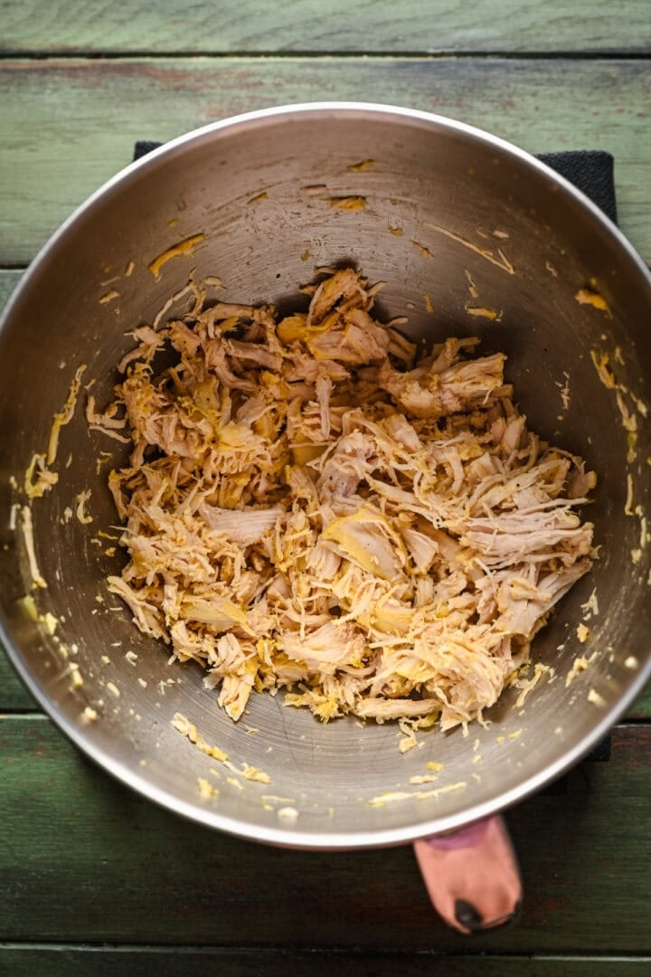 Chicken after shredding it in a stand mixer.