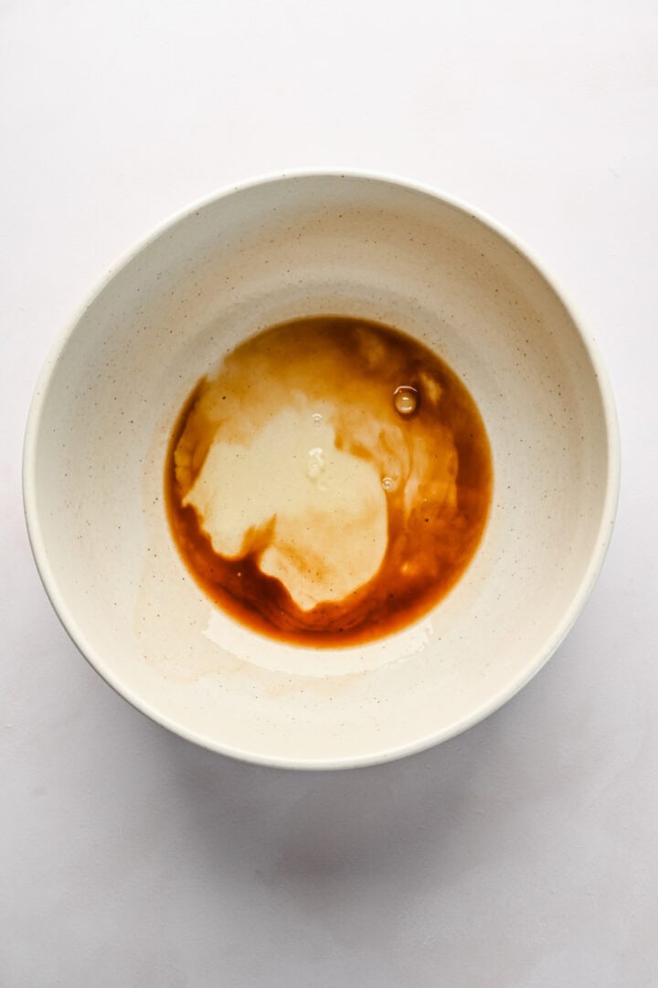 Overhead view of wet ingredients.