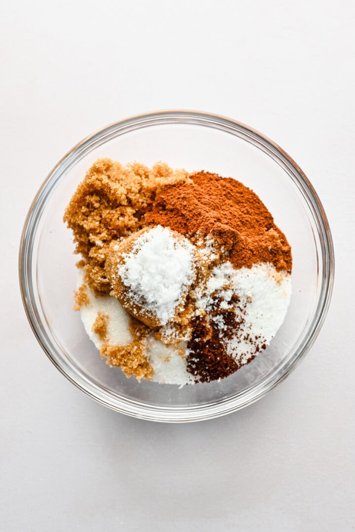 Overhead view of dry ingredients in a bowl.
