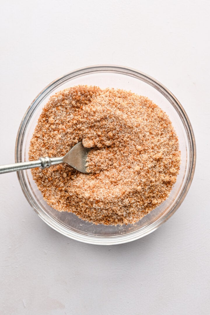 Overhead view of dry ingredients after being whisked together.