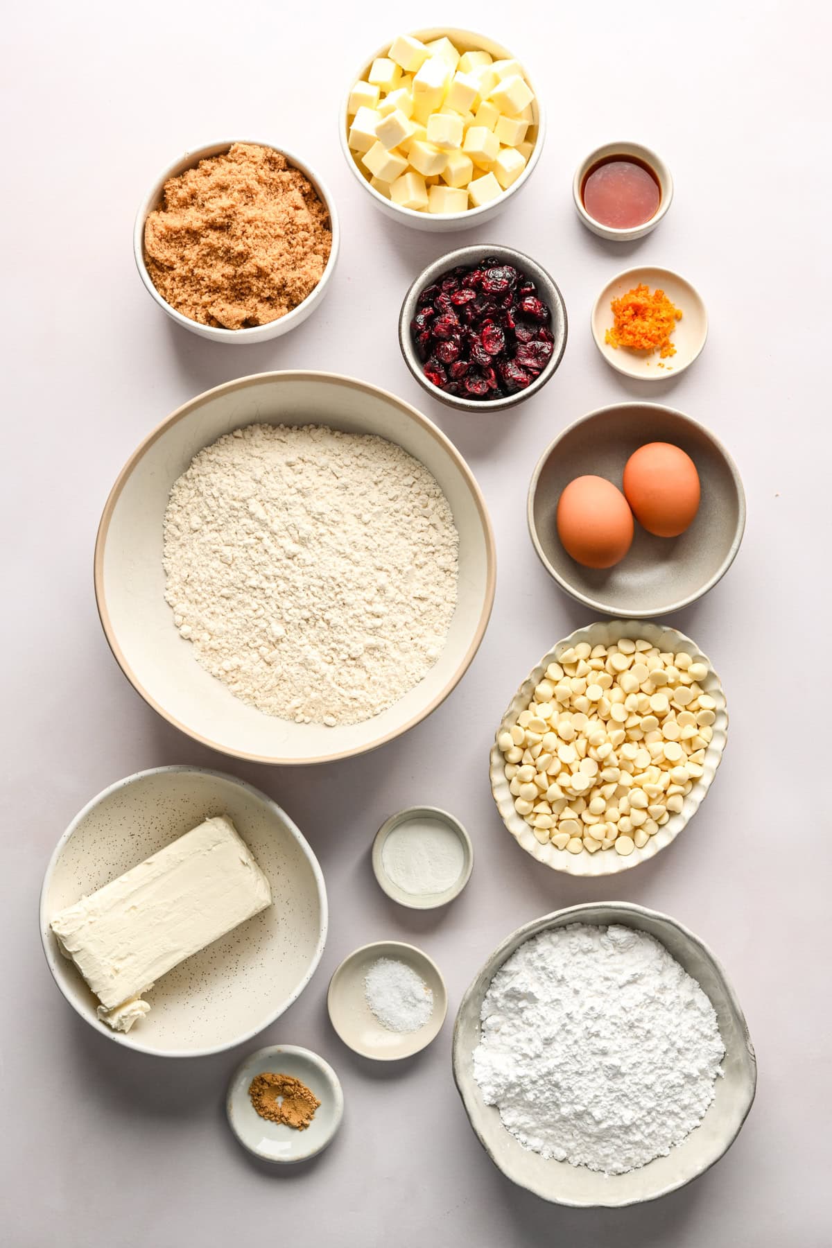 Overhead view of ingredients for Cranberry Bliss Bars. 