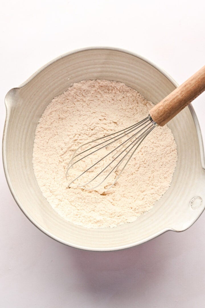 Overhead view of dry ingredients in mixing bowl.