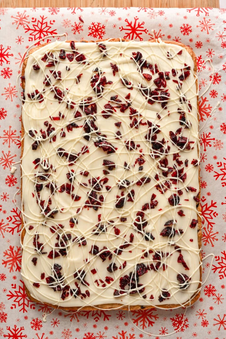 Overhead view of cranberry bliss bars before slicing.