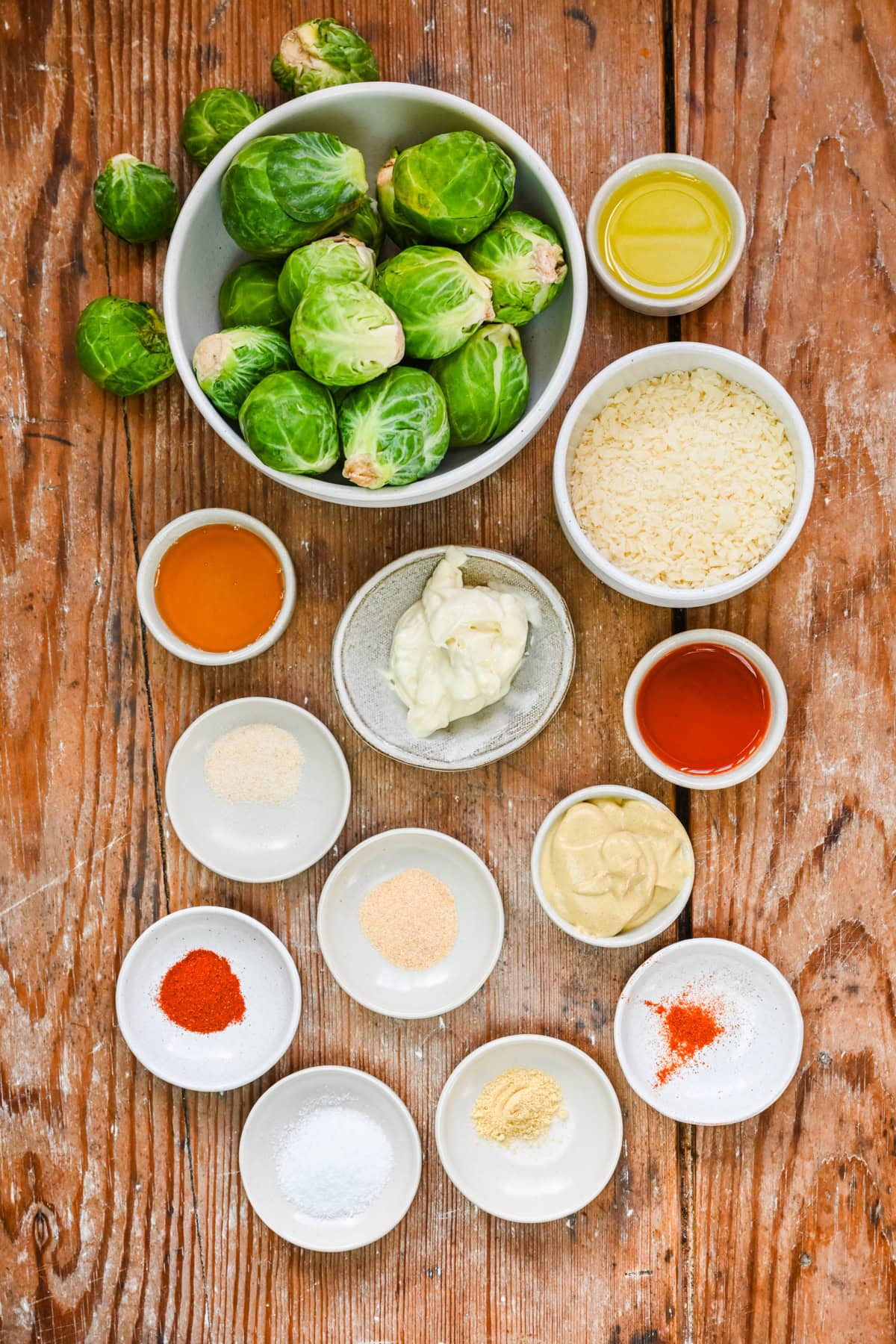 Overhead view of parmesan brussels sprouts ingredients.