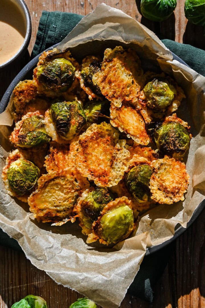 Overhead view of brussels sprouts in a dish.