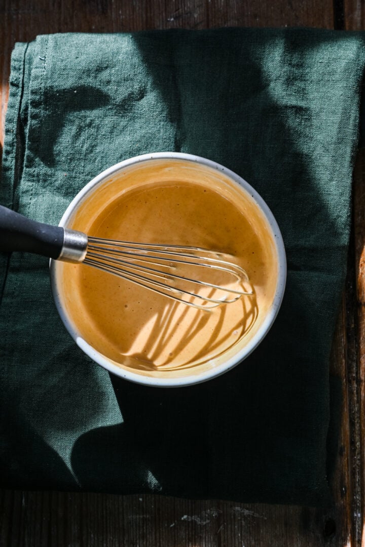 Overhead view of dip whisked together.