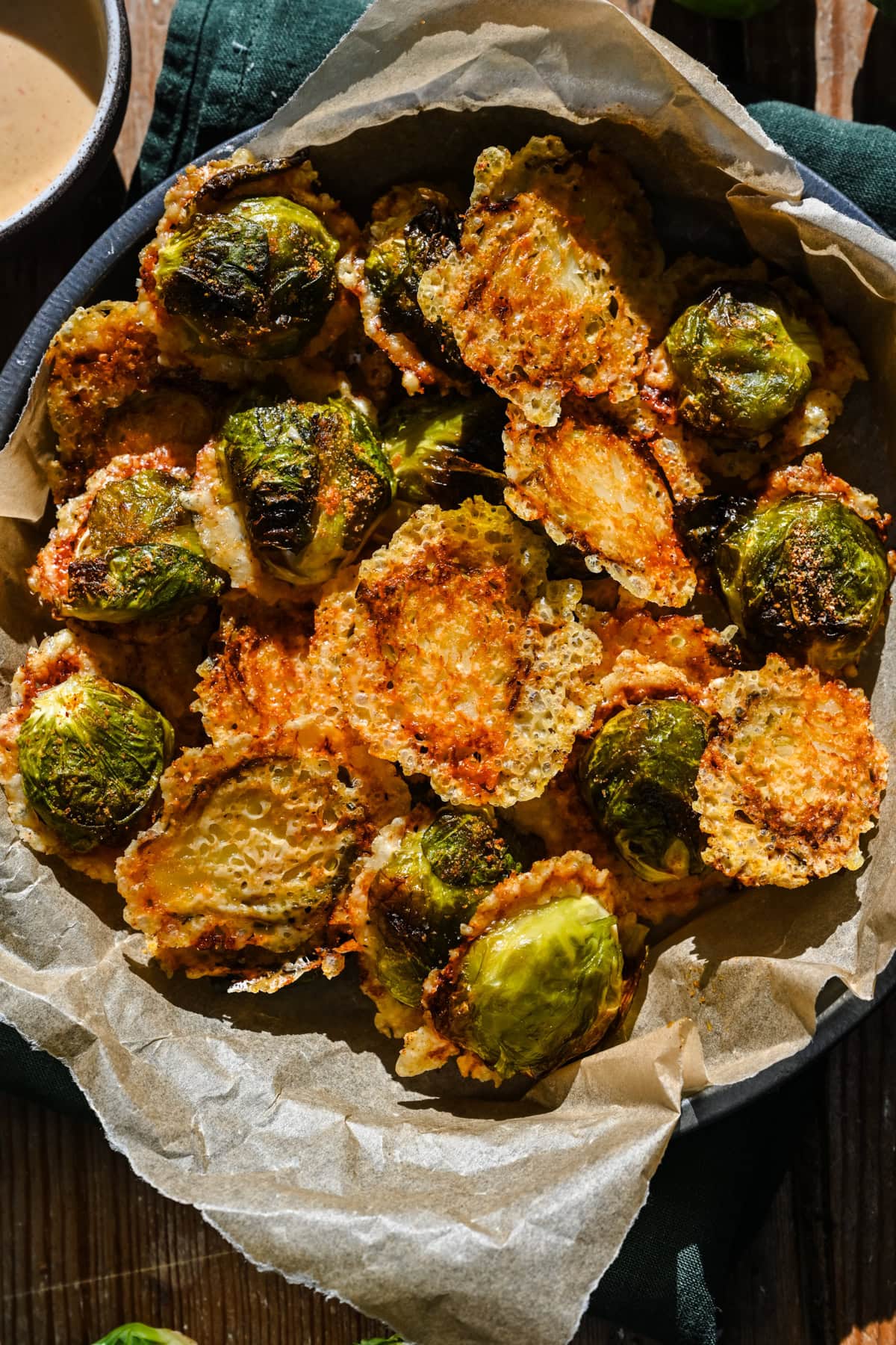 Overhead view of brussels sprouts in a dish.