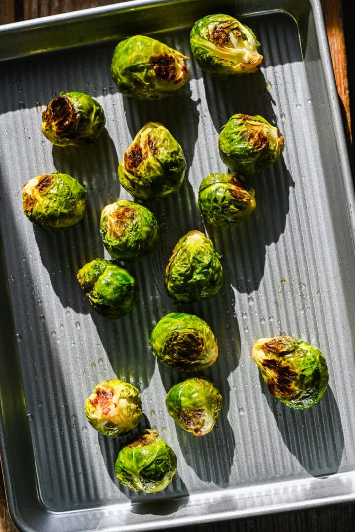 Overhead view of brussels sprouts after cooking the first time.