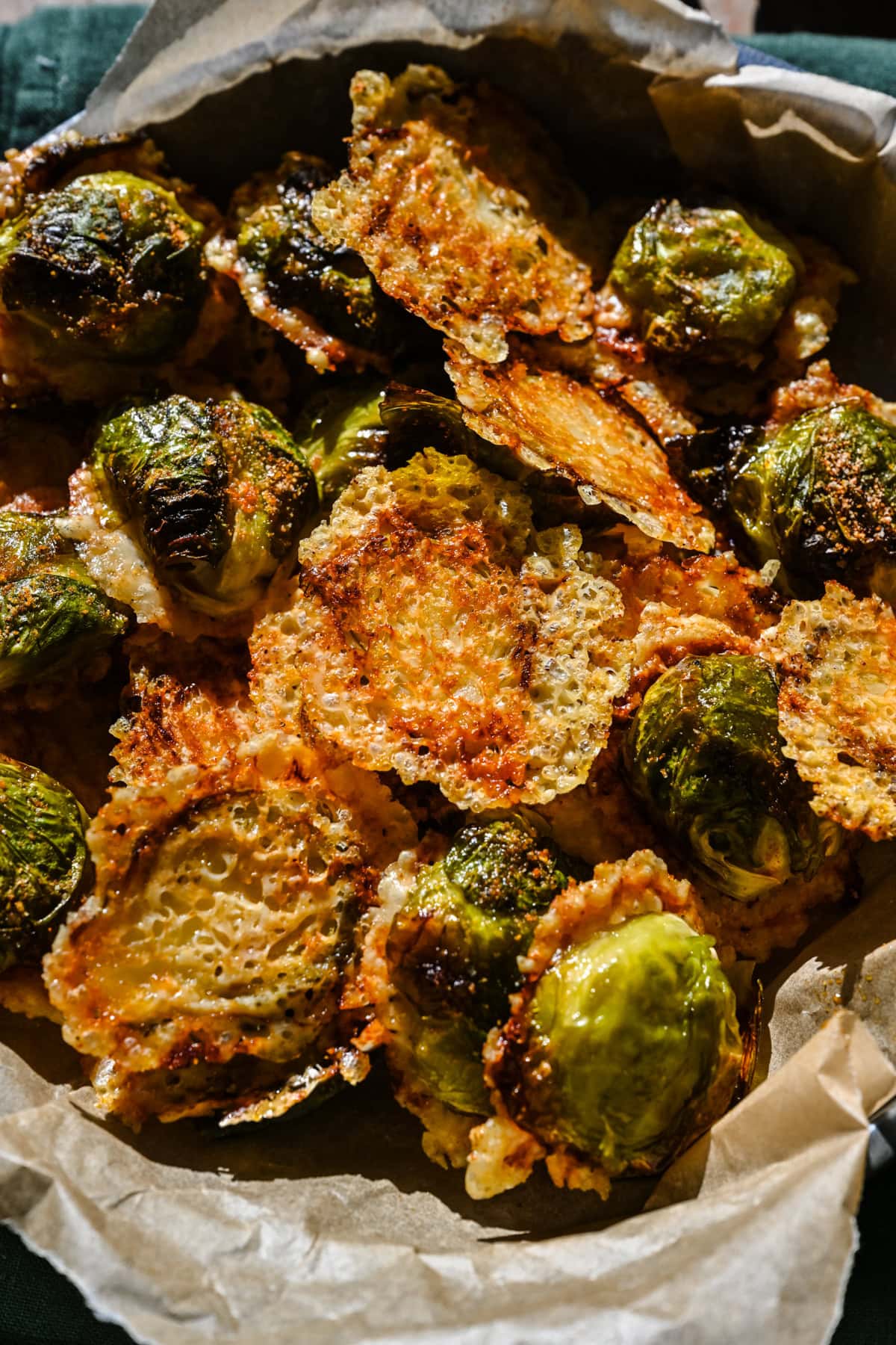 Overhead view of brussels sprouts in a dish.