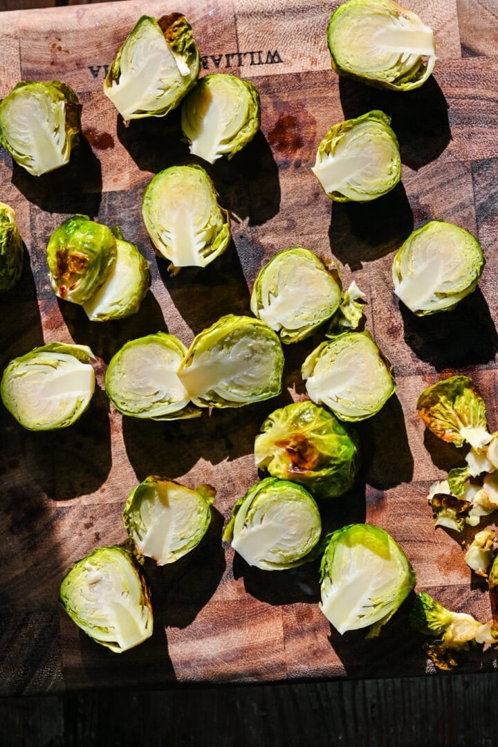 Overhead view of brussels sprouts sliced in half after cooking the first time.
