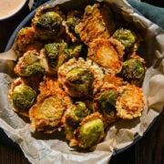 Overhead view of brussels sprouts in a dish.
