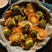 Overhead view of brussels sprouts in a dish.