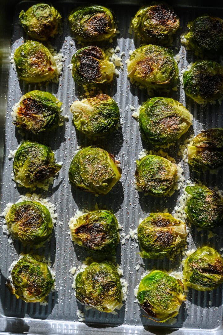 Overhead view of brussels sprouts before cooking a second time.