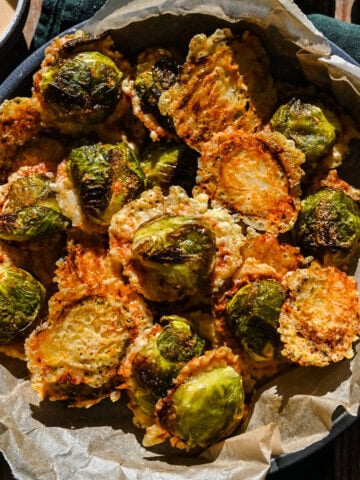 Overhead view of brussels sprouts in a dish.