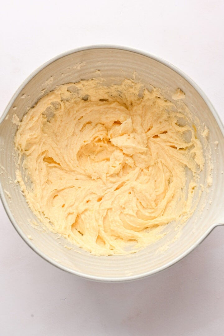 Overhead view of a bowl after creaming butter and sugar in it.