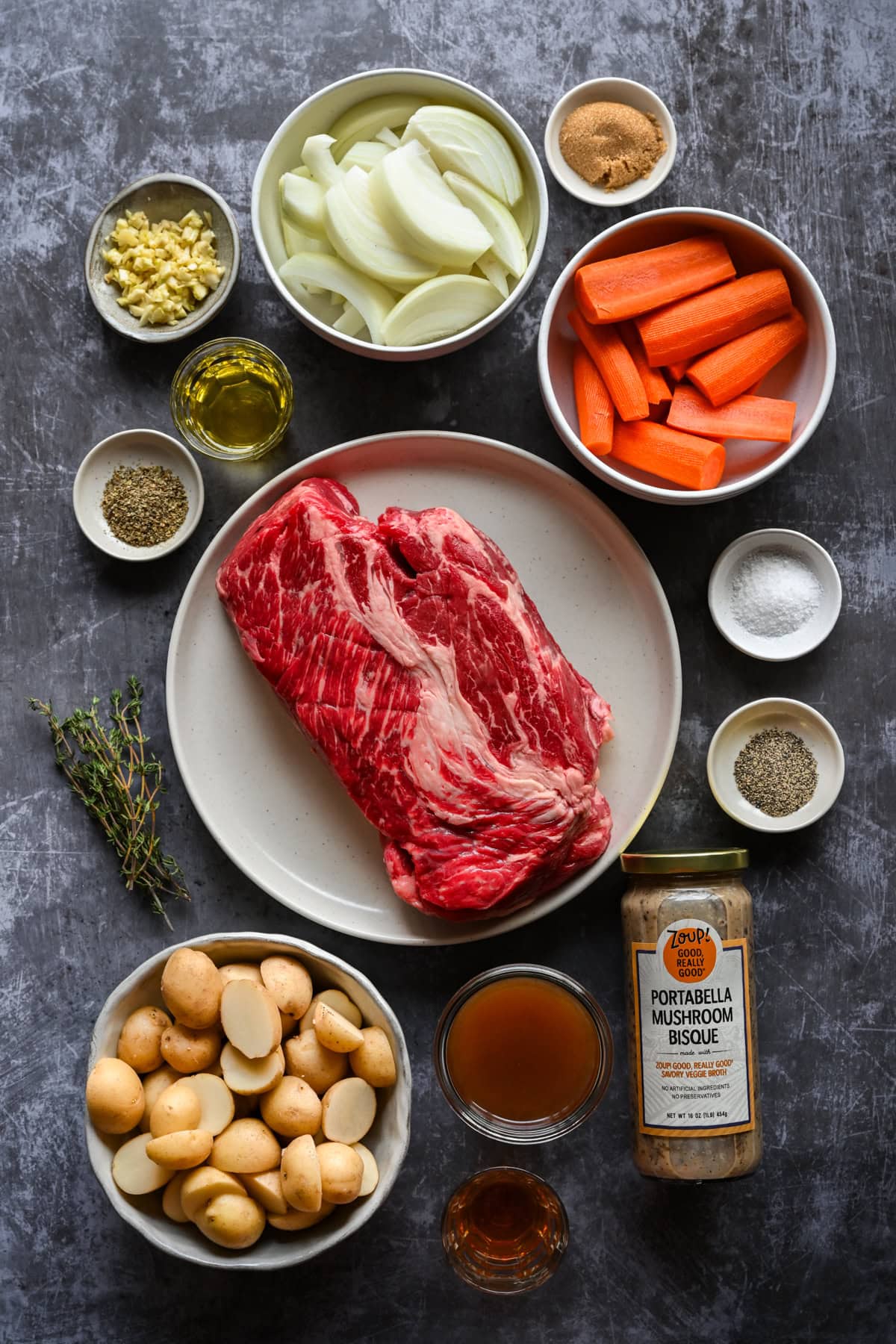 Overhead view of ingredients for pot roast made with mushroom soup.