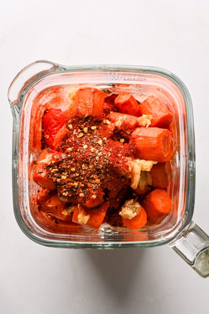 Carrot and roasted red pepper feta dip ingredients in blender. 