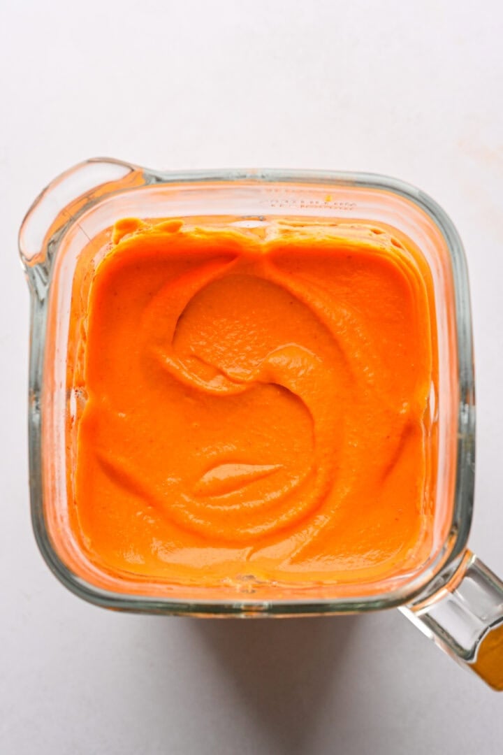 Carrot and roasted red pepper feta dip after blending.