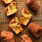 Overhead view of several popovers, some of which are cut in half.