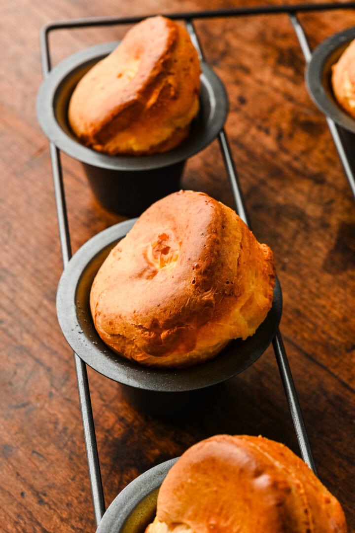 Close up view of one popover in a popover pan.