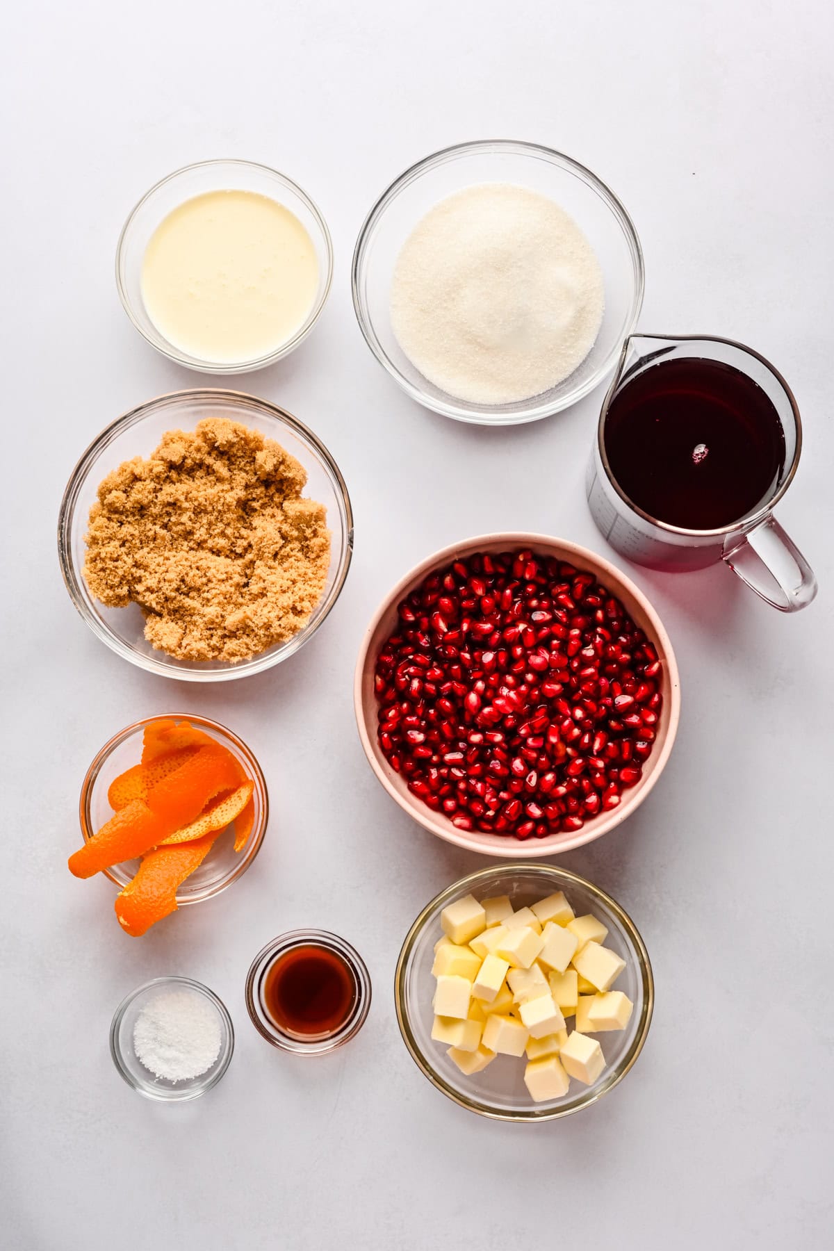 Overhead view of pomegranate caramel ingredients.