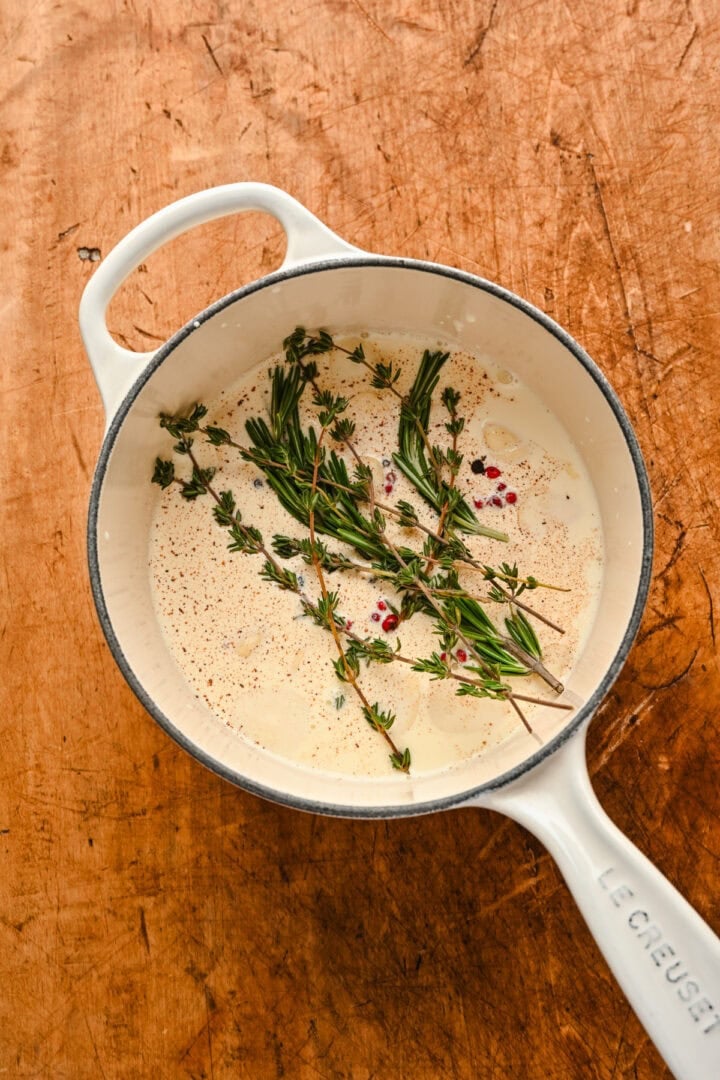 Spices after being added to a milk and cream mixture.