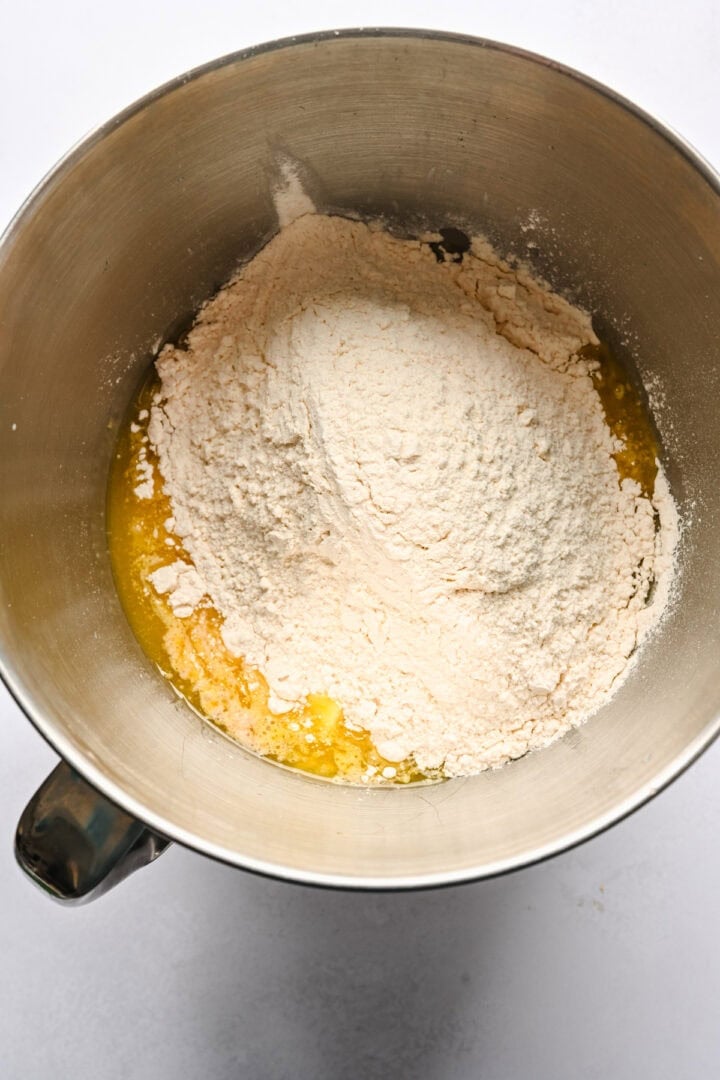 flour added to wet mixture for rolls.