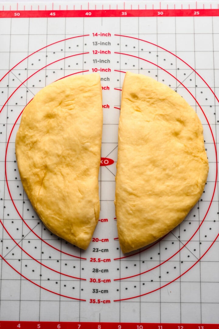 Fan roll dough cut in half.