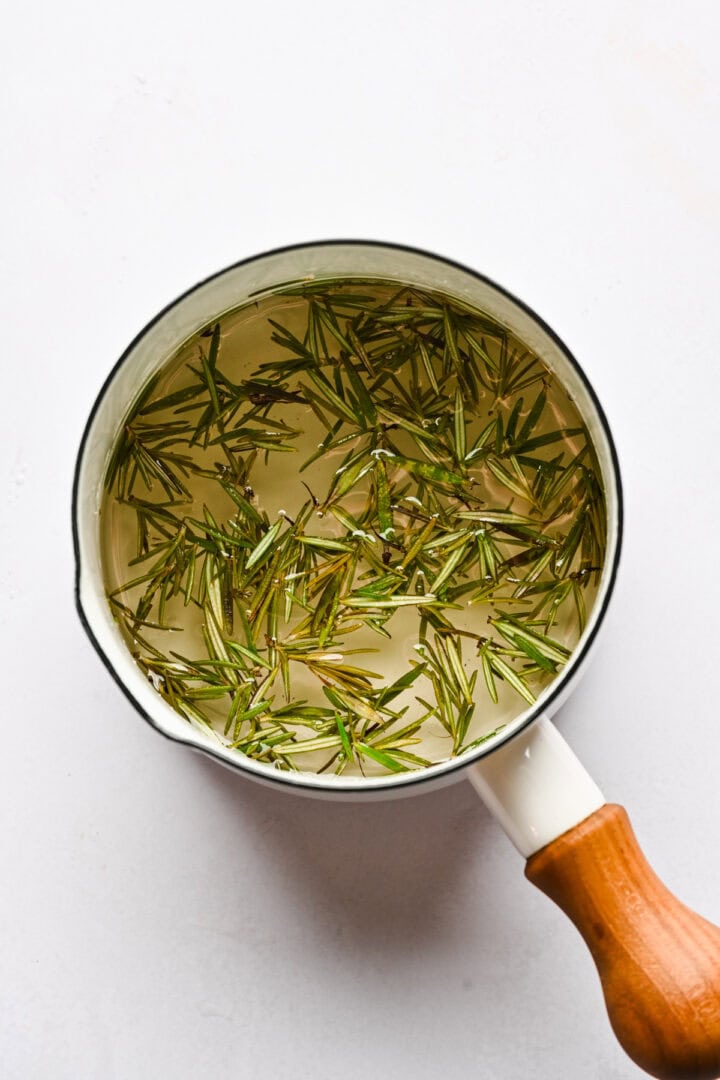 rosemary simple syrup after boiling.