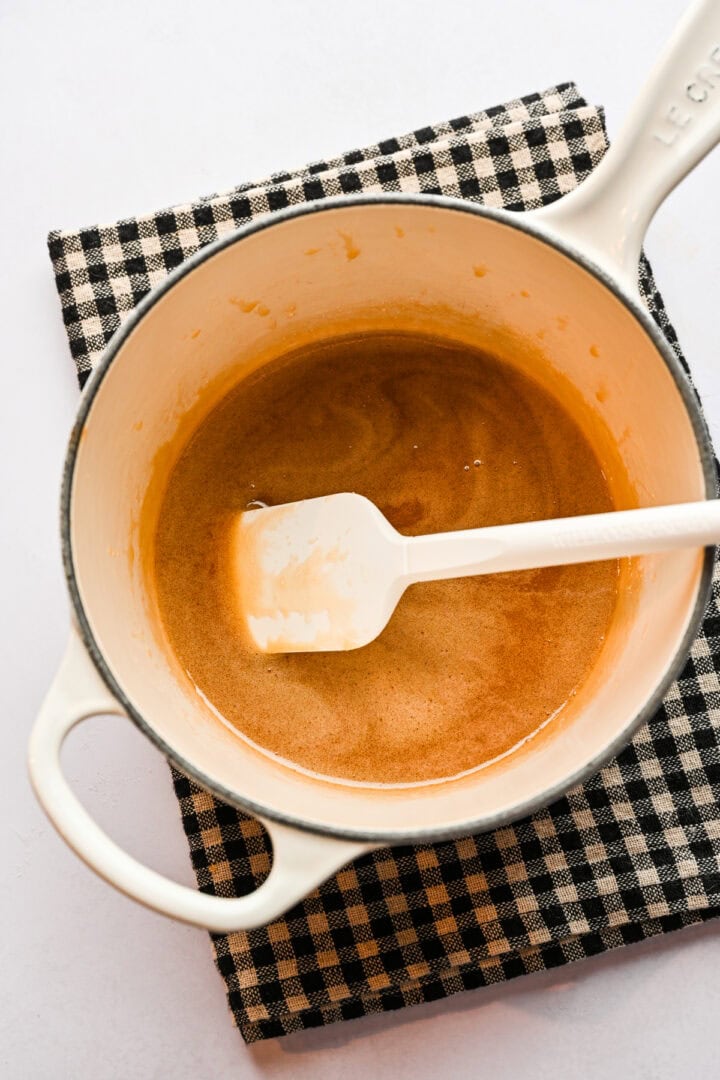 Melted butter, brown sugar and honey in a pot.