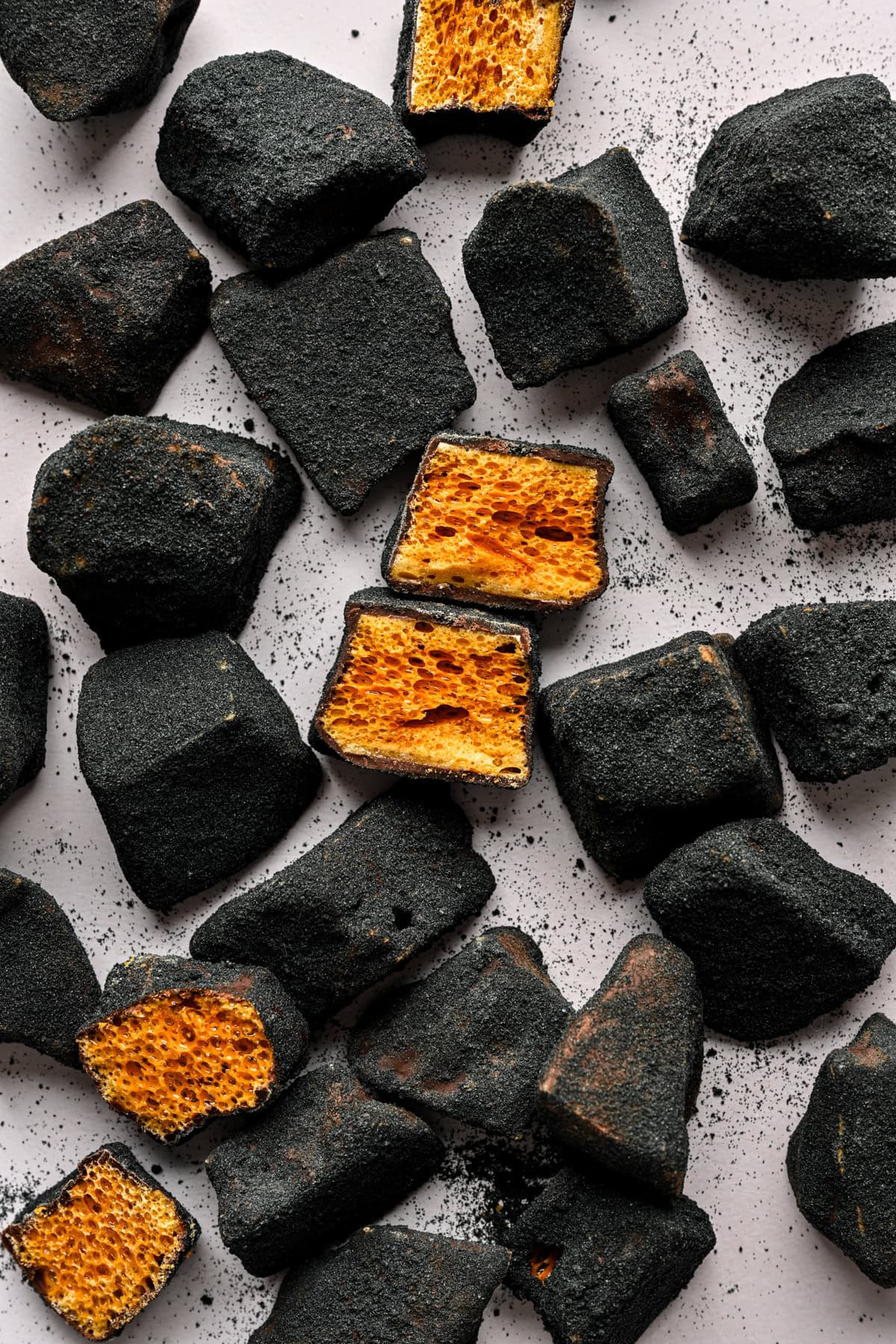Overhead view of edible coal candy (chocolate covered honeycomb).