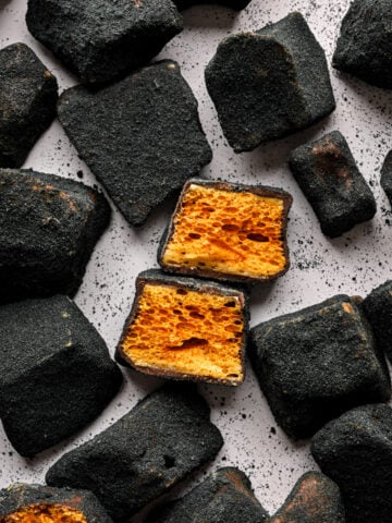 Overhead view of edible coal candy (chocolate covered honeycomb).