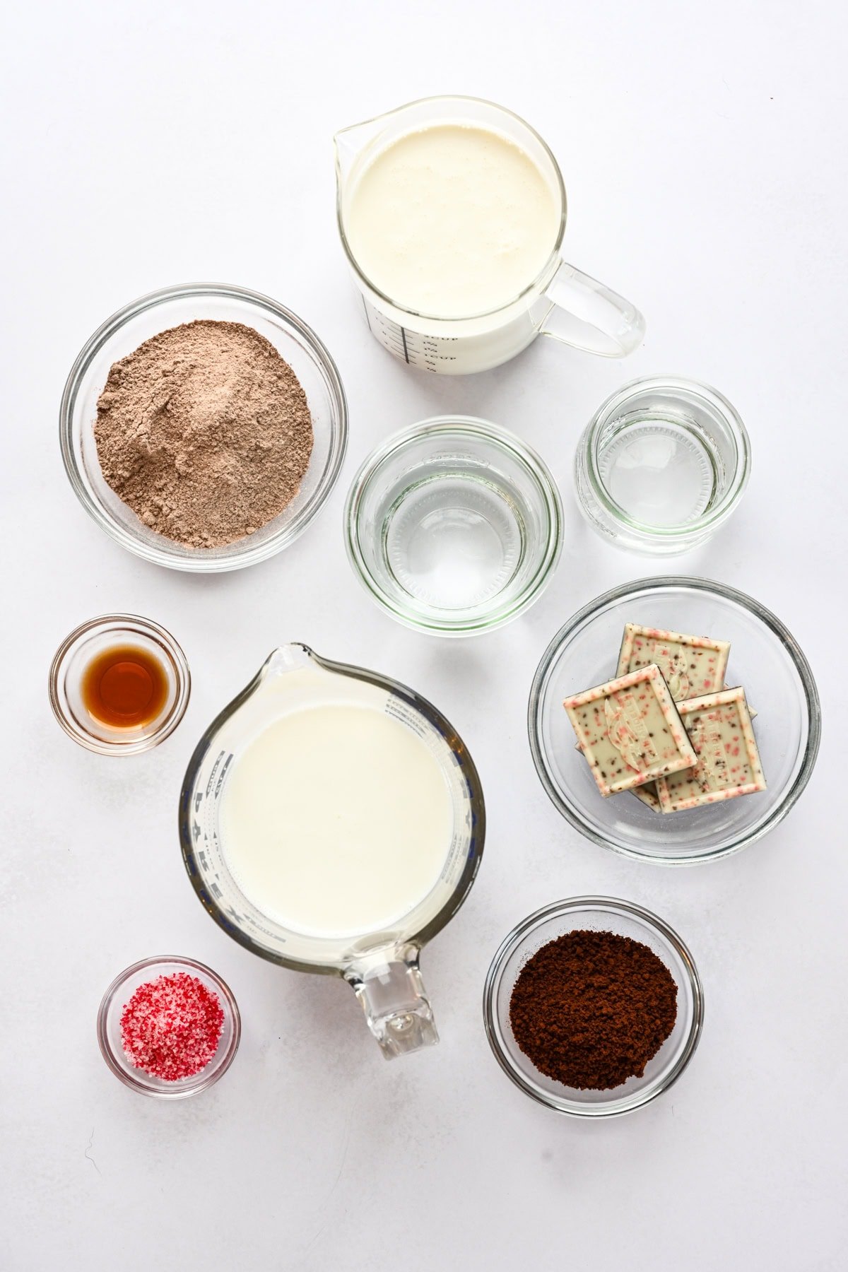 Overhead view of ingredients for espresso peppermint martini pudding shots. 
