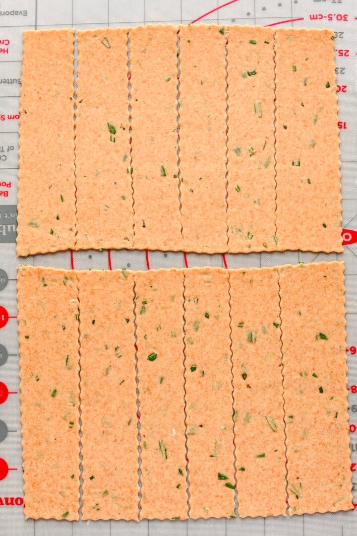 Dough cut into cracker pieces, unbaked.