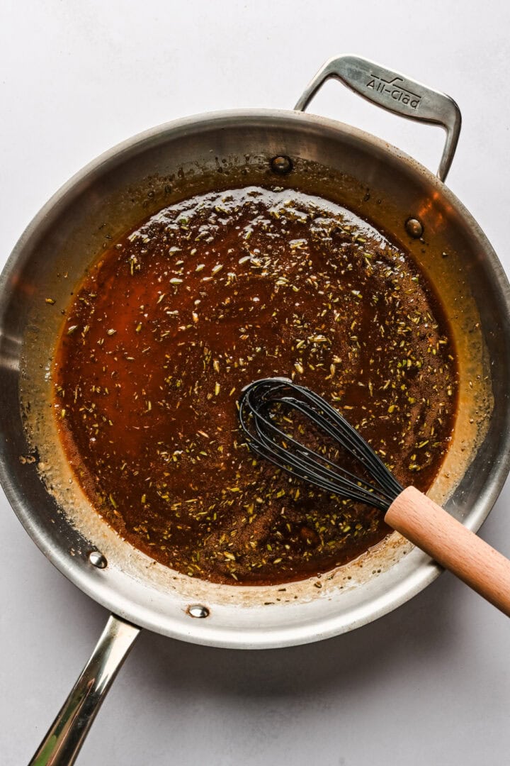 Balsamic caramel in a skillet. 