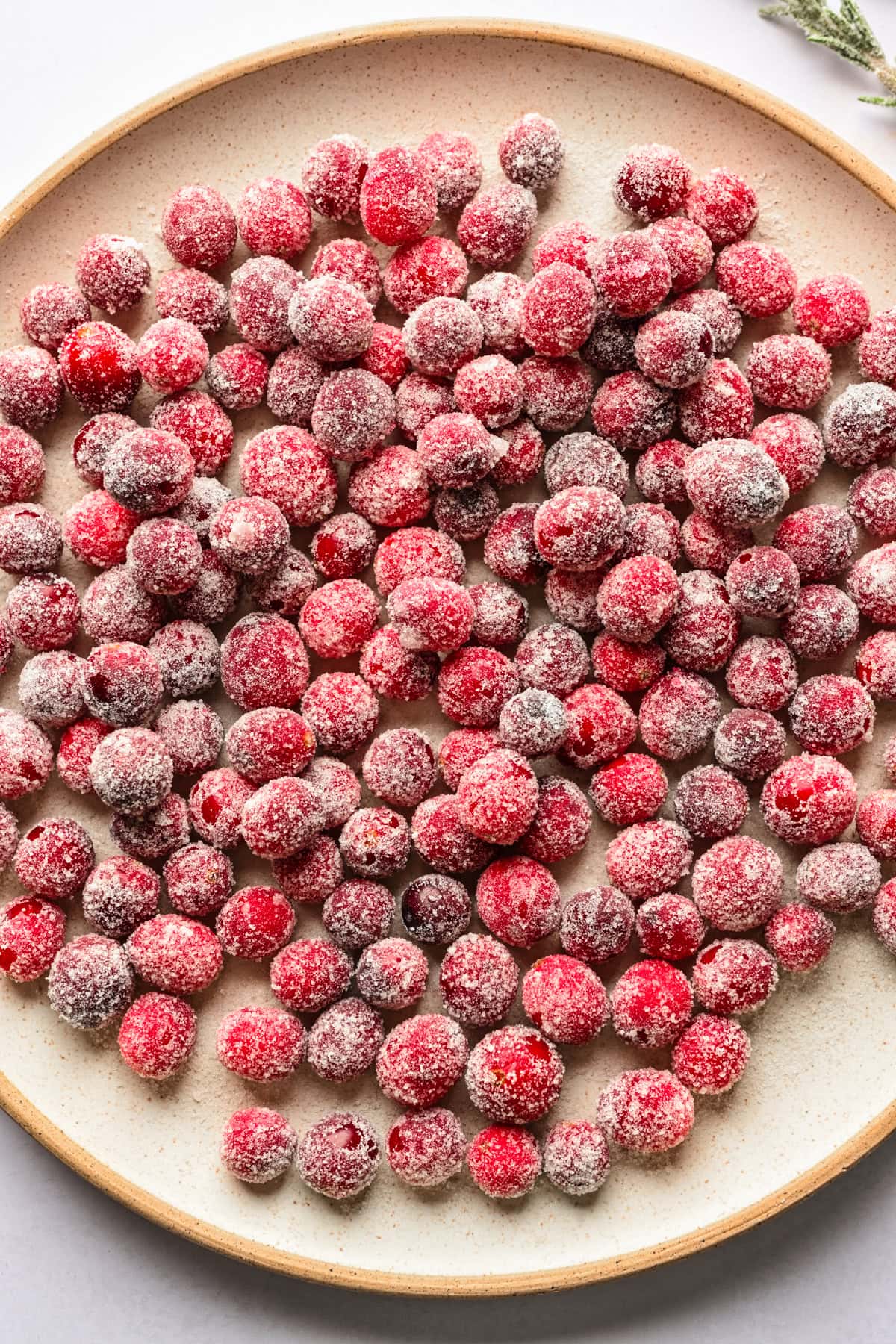 Sugared cranberries on a plate.