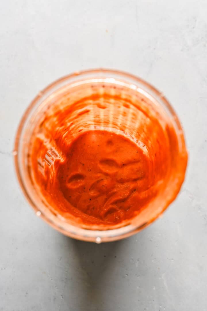 Overhead view of sun dried tomato vinaigrette after blending.