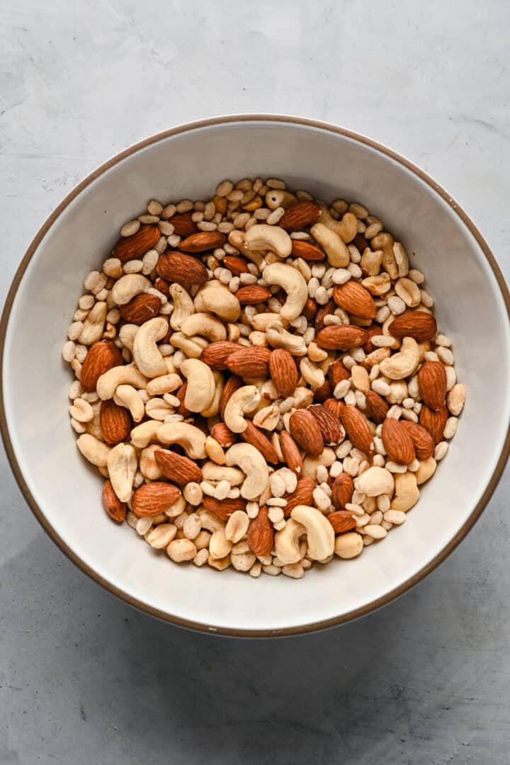 Overhead view of nuts in a bowl.