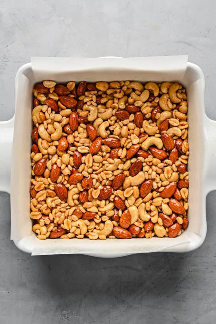 Overhead view of nut bars before baking.