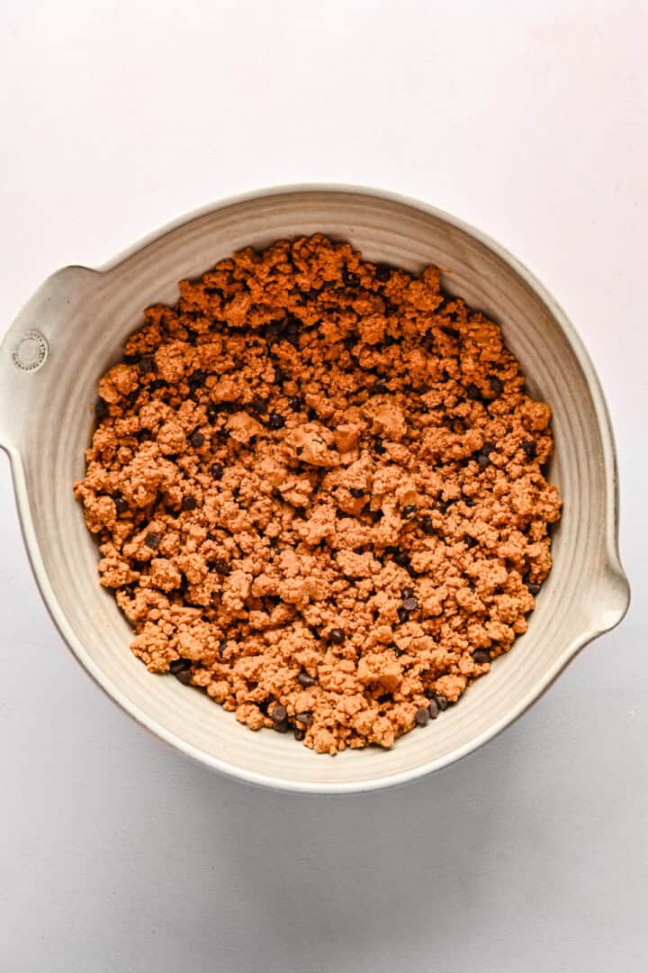 Overhead view of protein bar mixture after mixing in flour and protein powder.