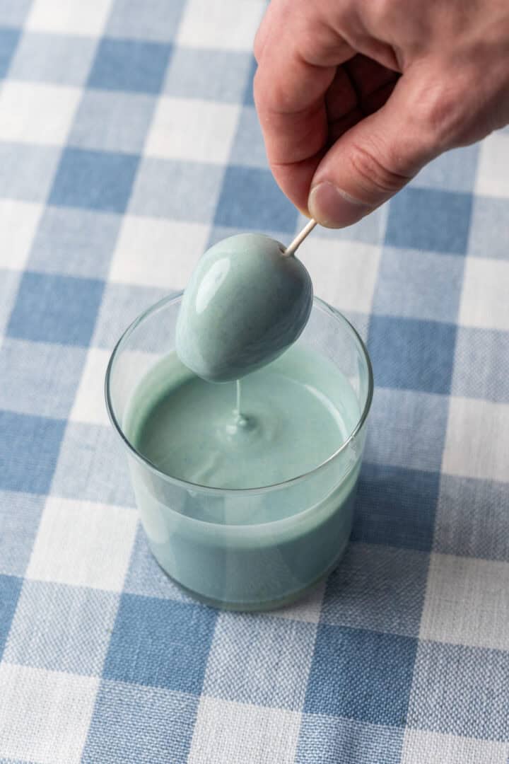 peanut butter egg before dipping in blue white chocolate.