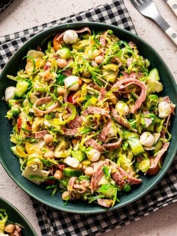Overhead view of Italian chopped salad in a bowl.